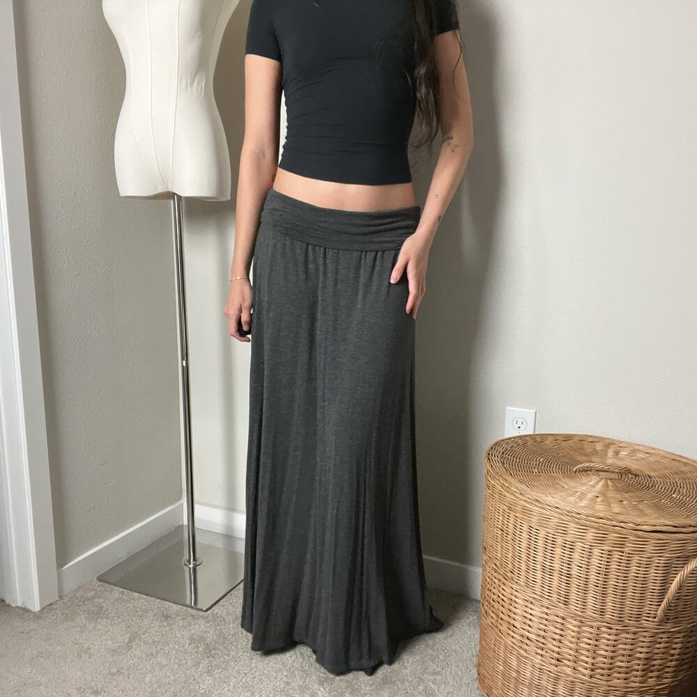 y2k gray minimalist low rise foldover jersey maxi flowy skirt
